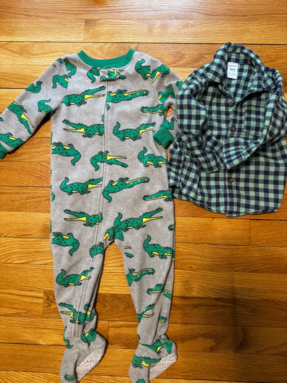Carters 18m bundle - Green & Yellow Alligator-Print Footie Pajamas & Plaid Shirt